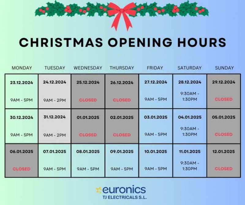 TJ Electricals - Euronics Christmas and New Year opening hours 2024/25