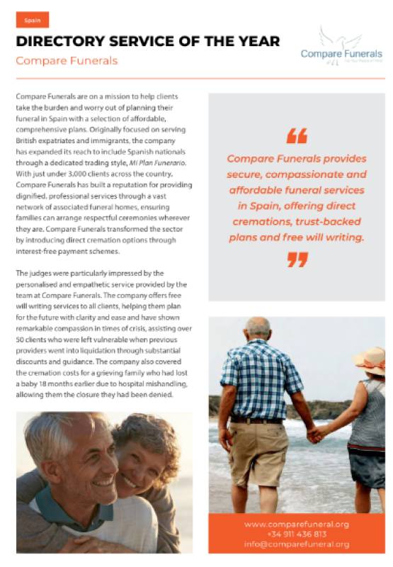 Compare Funerals Spain wins Directory Service of the Year at Prestige Awards