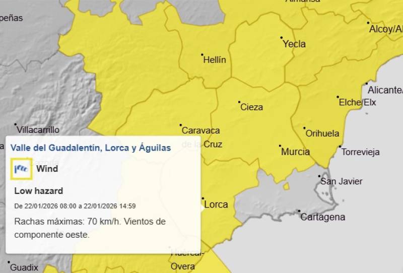 Murcia weekend weather forecast January 22-25: Alerts for strong wind continue